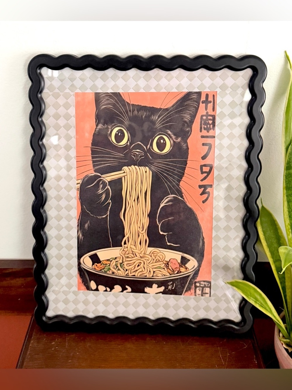 Vintage Style Cat Eating Ramen Canvas Art Print Asian Checkered Wavy Framed Art